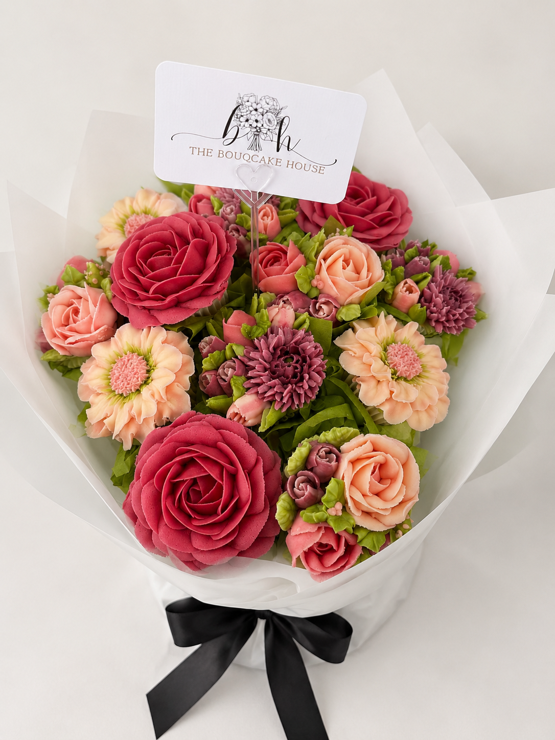 12 Cupcake Bouqcake in Pink Florals, filled with berry compote.