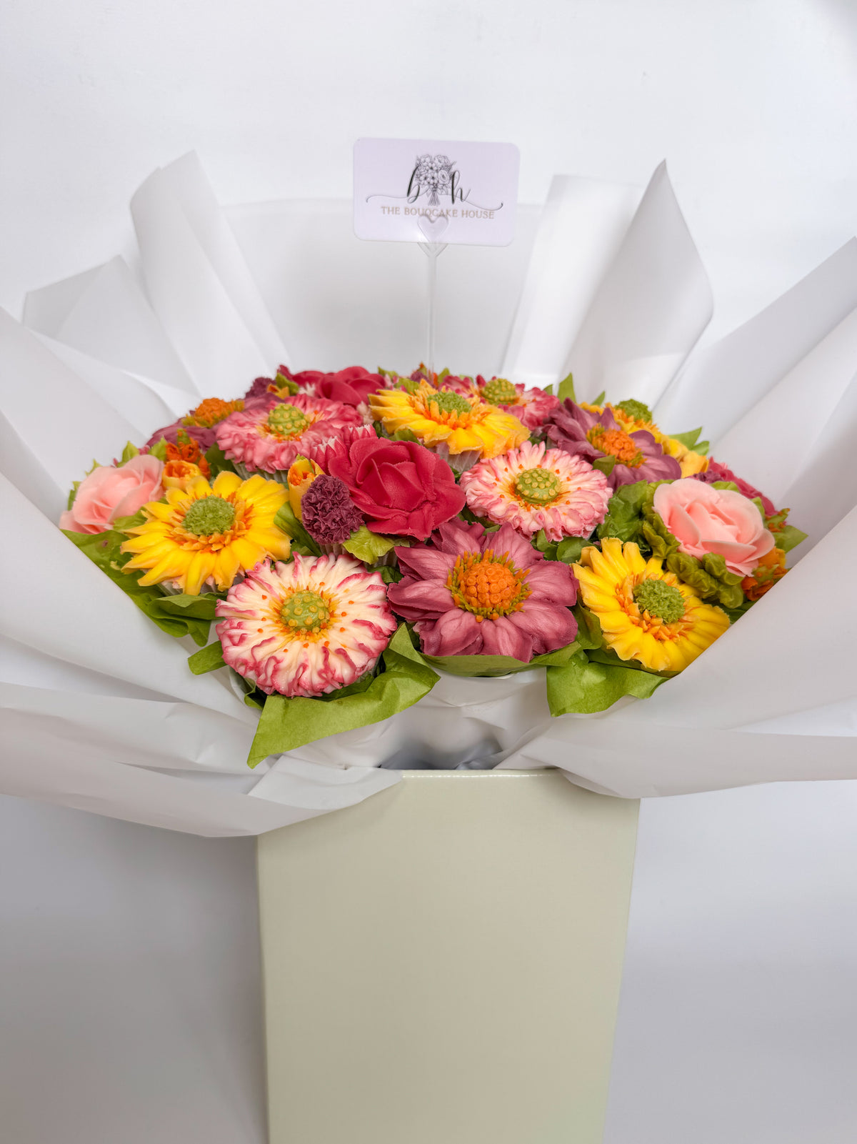 19 Cupcake Bouqcake, in summers pinks and yellows. Boxed.